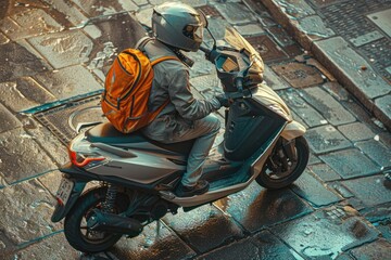 Motorcyclist with a backpack navigating wet streets during a rainy day in an urban environment