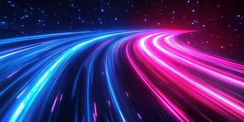 Wall Mural - neon blue and pink light trails against a starry sky, flowing in a curved path to create a vibrant, 