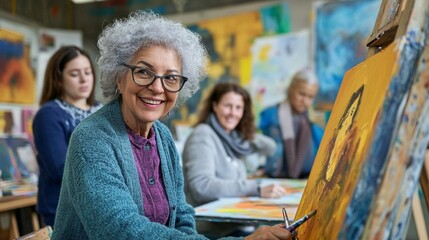 Vibrant art studio buzzes with creativity as diverse group engages in painting, led by enthusiastic senior instructor fostering artistic expression and community.