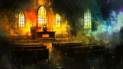 Canvas Print - Colorful light streaming through stained glass windows in an empty church during sunset