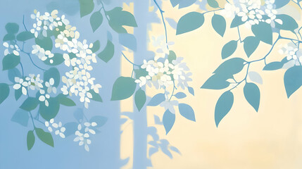 Poster - Blooming Flowers with Light Blue Leaves on a Yellow Background