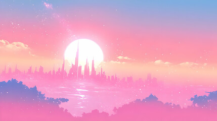 Wall Mural - Dreamy Cityscape with Pink Sunset and Glittering Sky