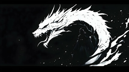 Poster - Dragon and Figure in Black and White Digital Art