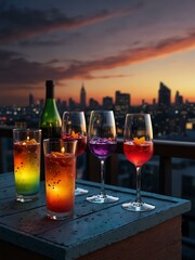 Wall Mural - Colorful rooftop party with wine glasses.