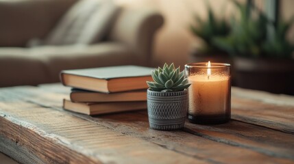 Wall Mural - Cozy Autumn Afternoon: Books, Succulents, and Candlelight