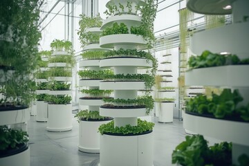 Wall Mural - Rows of fresh green lettuce growing in an indoor vertical farm. Aeroponics system, hydroponic farming