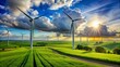 © Four888 - Sleek wind turbines stand tall amidst lush green fields, harnessing nature's power to generate clean electricity, symbolizing a sustainable future for our planet.