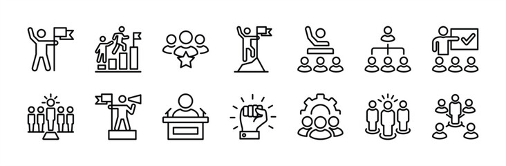 leadership thin line icon set. containing business teamwork, organization management, manager, stron