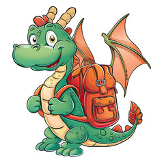 A cartoon dragon is holding a backpack and smiling