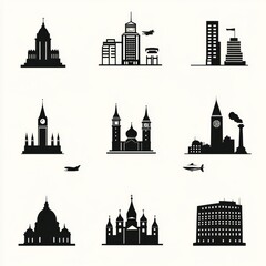 Canvas Print - A set of nine simple black and white city skyline icons.