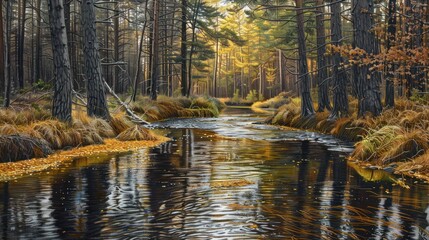 Poster - Serene Autumn Creek in a Pine Forest