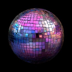 Canvas Print - A shiny disco ball with purple, blue and pink mirror tiles isolated on a black background.