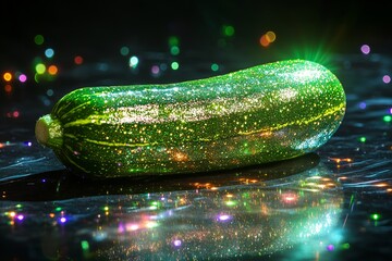 Wall Mural - A single green zucchini covered in glitter against a black background with colorful bokeh lights.