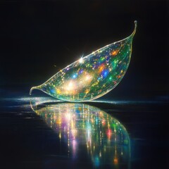 Poster - A single leaf, shimmering with a myriad of colorful lights, lies on a dark reflective surface, creating a magical and ethereal atmosphere.