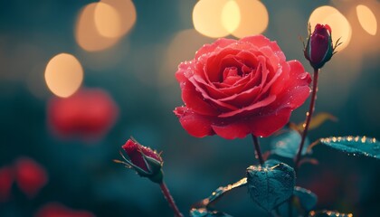 Poster - A single red rose with dew drops and two buds in the foreground with bokeh in the background.