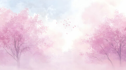 Poster - Pink Trees in a Foggy Sky with Birds Flying