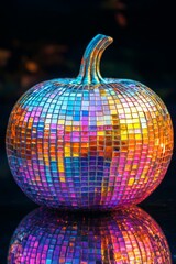 Canvas Print - A single, iridescent, mosaic pumpkin with a reflection on a black background.