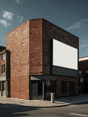 Poster - Contemporary brick building with blank billboards in an urban scene.