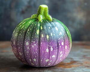 Poster - A single, vibrant, purple, green, and white striped squash with a green stem sits on a rustic wooden surface.