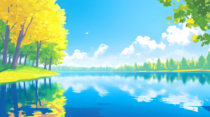 Poster - Tranquil Lake, Calm Waters, Lush Greenery, Peaceful Nature, Serene Summer, Blue Sky, Sunlit Forest, Water Reflection, Scenic View, Tranquil Landscape