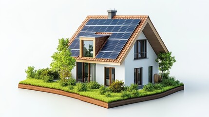 Modern house design featuring solar panels and green landscaping, promoting sustainable living and renewable energy concepts.