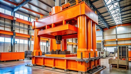 Poster - Orange hydraulic press at a metal processing plant , metal, machinery, industrial, equipment