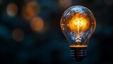 A glowing light bulb emits a soft yellow light, symbolizing innovation and creativity against a clean, dark background.