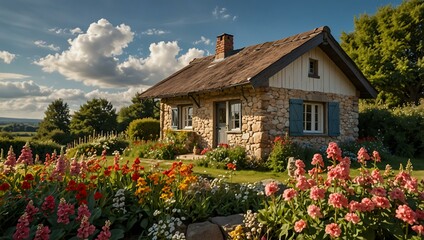 Sticker - Cottage surrounded by flowers under a sunny sky, showcasing beauty.