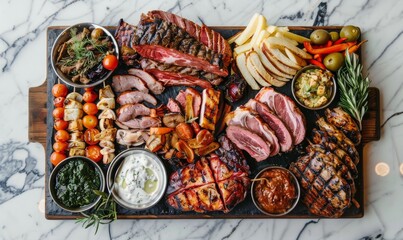 beautifully arranged grilled meats and vegetables on a wooden board with sauces, captured in professional studio lighting against a marble kitchen backdrop