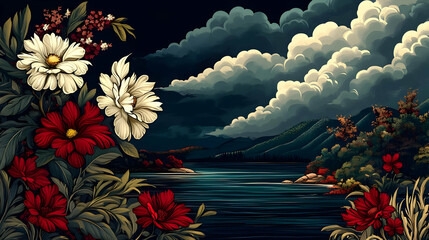 Canvas Print - Red and White Flowers Blooming Under a Dramatic Sky