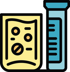 Wall Mural - This vector illustration features a medical test tube next to a blister pack of pills, symbolizing medical testing and treatment