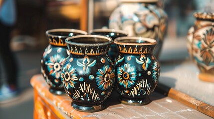 Hand-painted ceramic pots with intricate floral designs