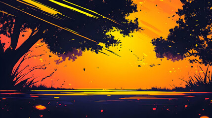 Poster - Sunset Silhouette with Falling Leaves and Water Reflection