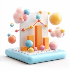 Wall Mural - a pastel-colored 3d bar graph with connected data points displayed on a gradient platform, represent