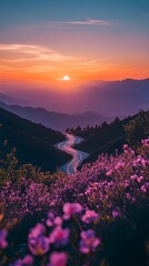 Wall Mural - Mountain sunset with flowers and winding road view picture
