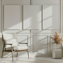 A serene interior scene featuring stylish chair beside three blank frames on white wall, illuminated by soft sunlight. minimalist design creates calm atmosphere