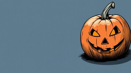 Halloween A cartoonish pumpkin with a smiley face on it sits on a blue background