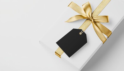 A premium jewelry product box mockup with a sleek black 'Black Friday Sale' tag attached, framed by elegant gold foil accents on the packaging.