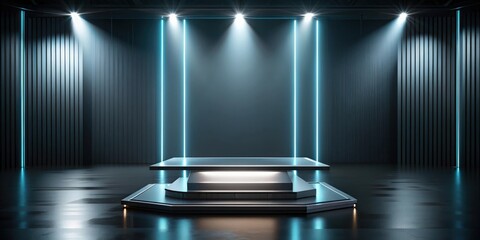 Poster - Futuristic dark podium with light and reflection background, futuristic, dark, podium, light, reflection, background