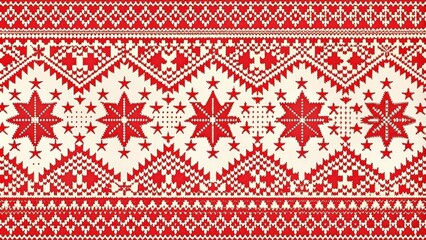 Symmetrical Scandi stars and hearts Christmas pattern in red colors palette, Scandinavian, festive, holiday