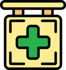 Wall Mural - Pharmacy sign with green cross is hanging and showing healthcare services