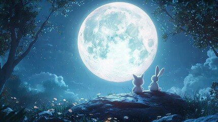 Wall Mural - The moon tonight is very round, but not as round as the child's face. The child and the little white rabbit are looking at the moon. In the moonlight, HD resolution, cartoon,hd