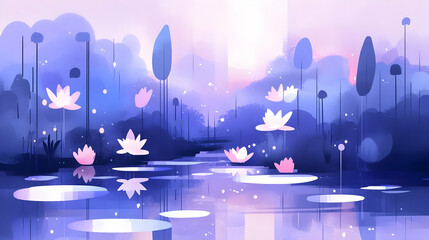 Poster - Water Lilies Bloom in a Purple Dreamy Forest