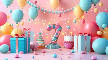 Colorful Balloon and Gift Party Scene with Number Seven