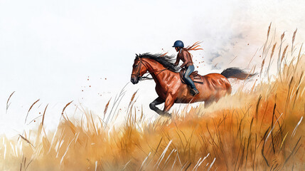 A vivid illustration of a rider galloping on a horse through golden grass, capturing the spirit of freedom and adventure.