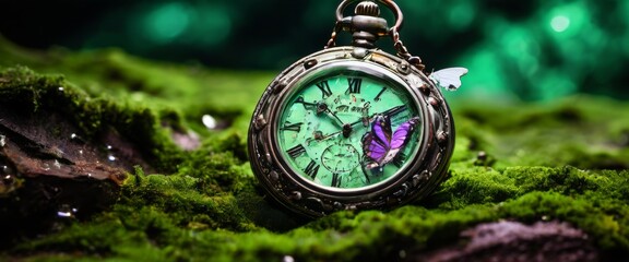 A close-up of an antique pocket watch resting on a mossy surface, adorned with a vibrant purple butterfly. The green forest-like background enhances the magical and whimsical feel of the scene