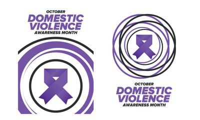 Domestic Violence Awareness Month in October. Celebrate annual in United States. Awareness purple ribbon. Day of Unity. Prevention campaign. Stop women abuse. Poster, banner and background. Vector