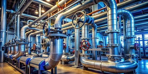 Poster - Various sizes and shapes of pipes and valves at a power plant, industry, energy, engineering, metal