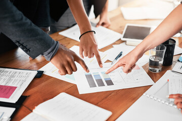 Poster - Business people, data review and paperwork for hands point with meeting, analysis and team with research. Finger, documents statistics and infographic with collaboration, diversity and discussion