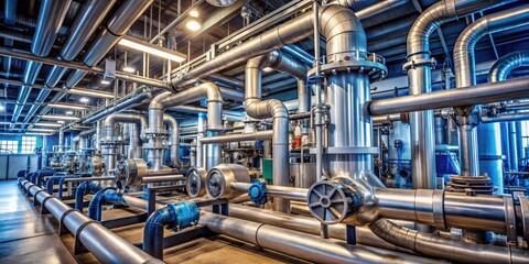 Poster - Industrial zone with steel pipelines, valves, and pumps, steel, pipelines, industrial, zone, valves